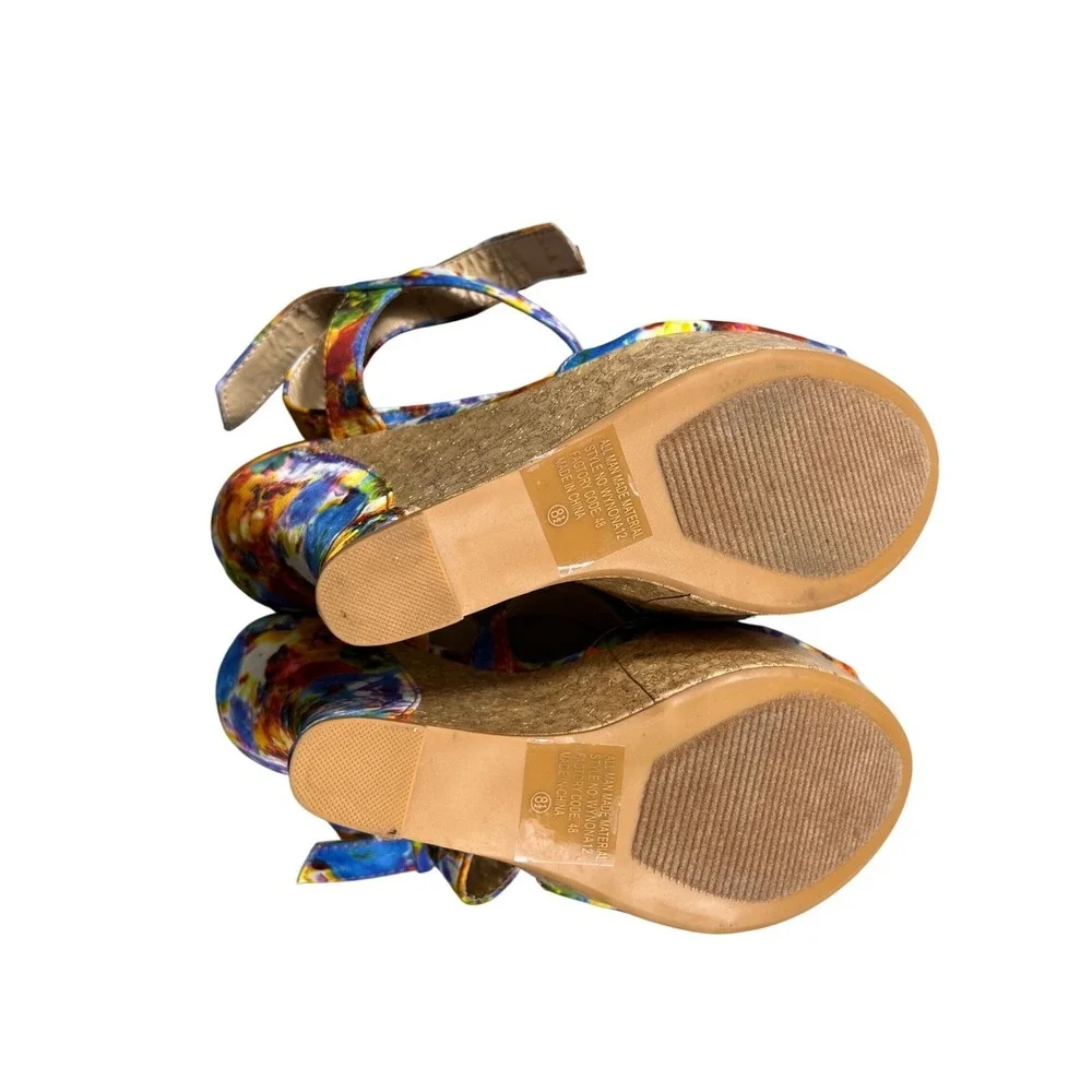 Womens Size 8.5 Multicolor Cork Wedge Heels Platform Sandals‎ Ankle Strap Bumper
